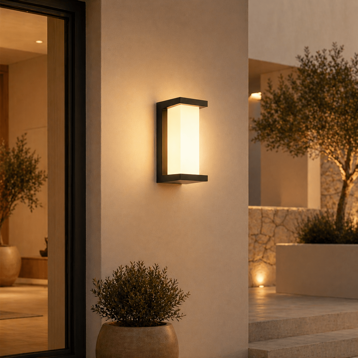 LED outdoor wall light featuring a motion sensor, designed for durability with IP65 weatherproof rating, emitting warm white light for enhanced security and ambiance. 0